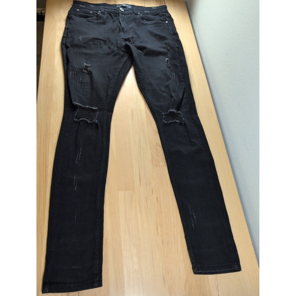 Serenade Jeans Mens 32x32 Black Distressed Skinny Stretch Denim Pants Tapered